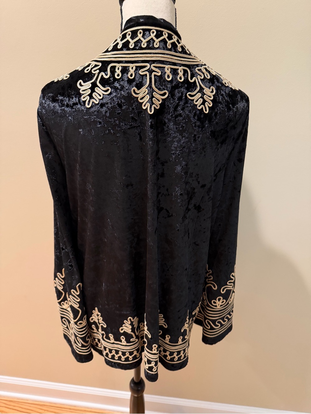 Black Velvet Embroidered Open-Front Tunic with Cream Trim - Picture 1 of 3